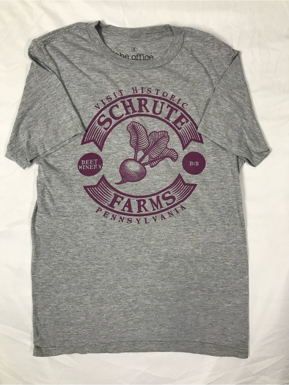 Schrute Farms Graphic Short Sleeve Tee - Gray with Purple Logo